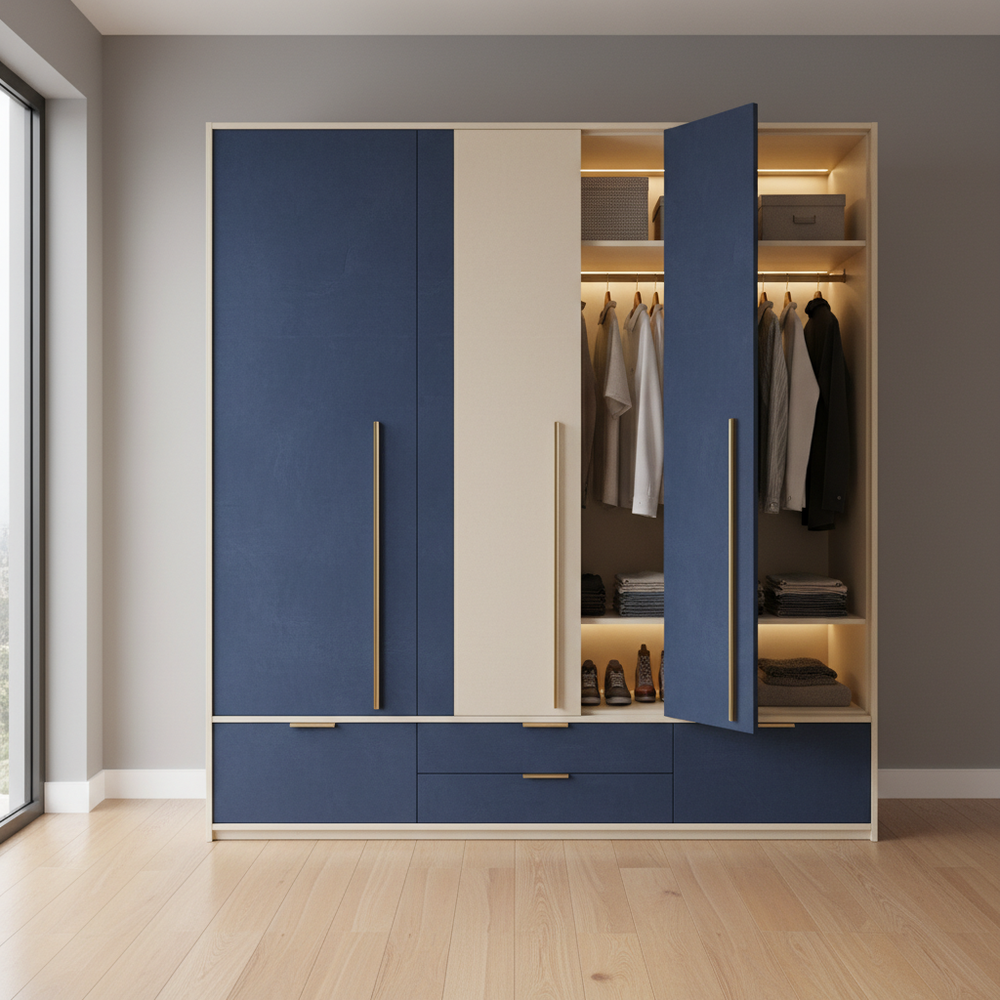 Modern Irish Cream & Blue 3-Door Swing Wardrobe