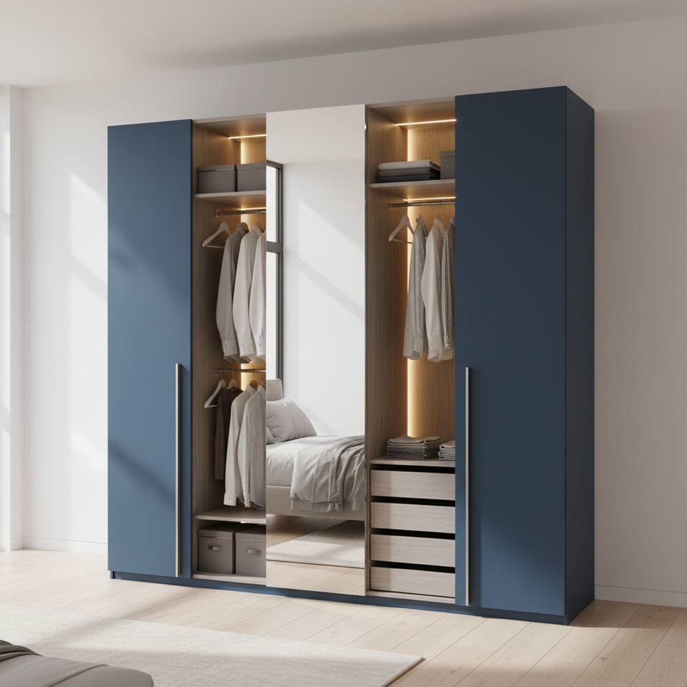 Modern Kingfisher Blue 3-Door Swing Wardrobe with Mirror