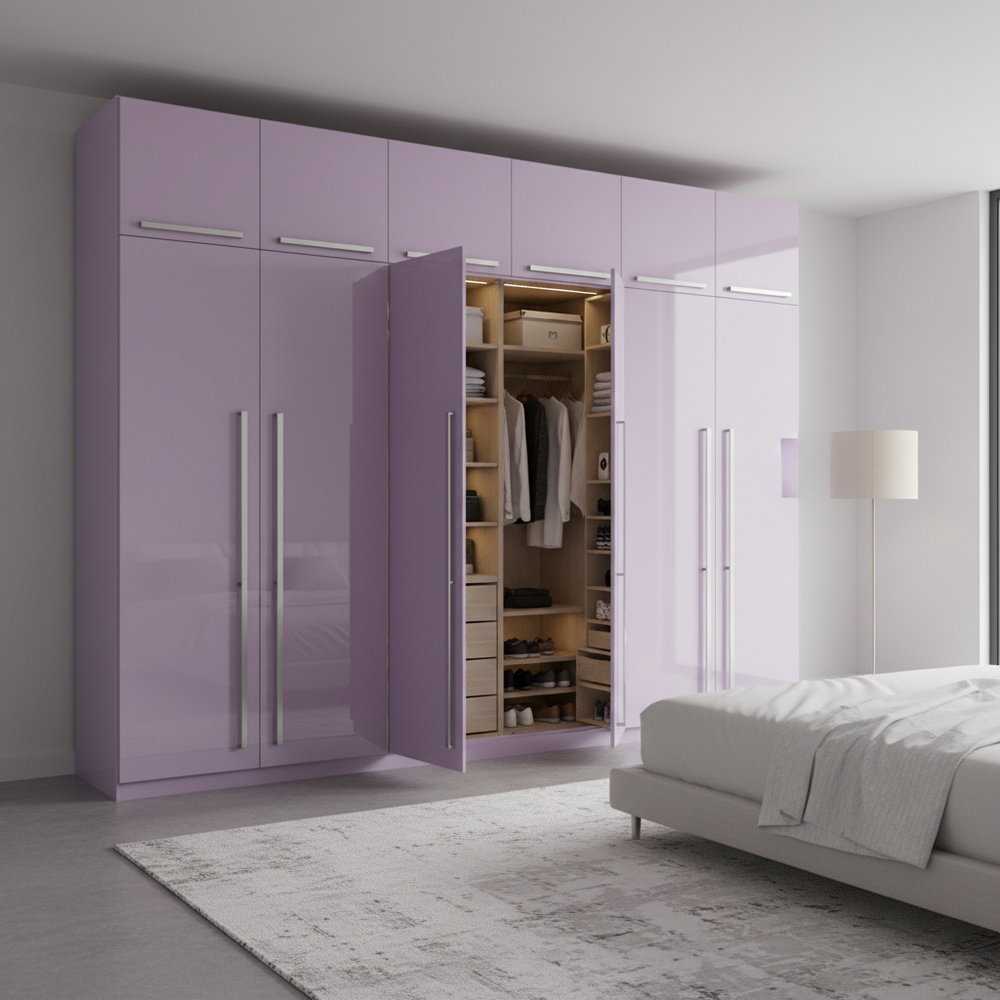 Modern Lavender 4-Door Hinged Wardrobe with Overhead Cabinets