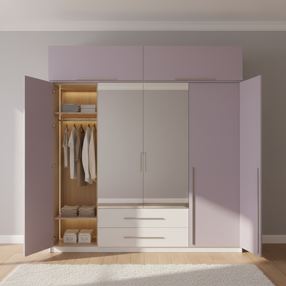 Modern Lavender & White 4-Door Wardrobe with Mirror and Drawers