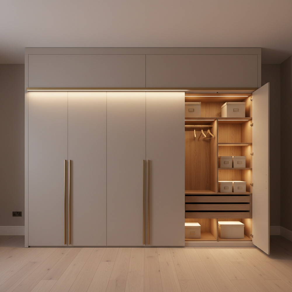 Modern Light Beige 4-Door Swing Wardrobe Design