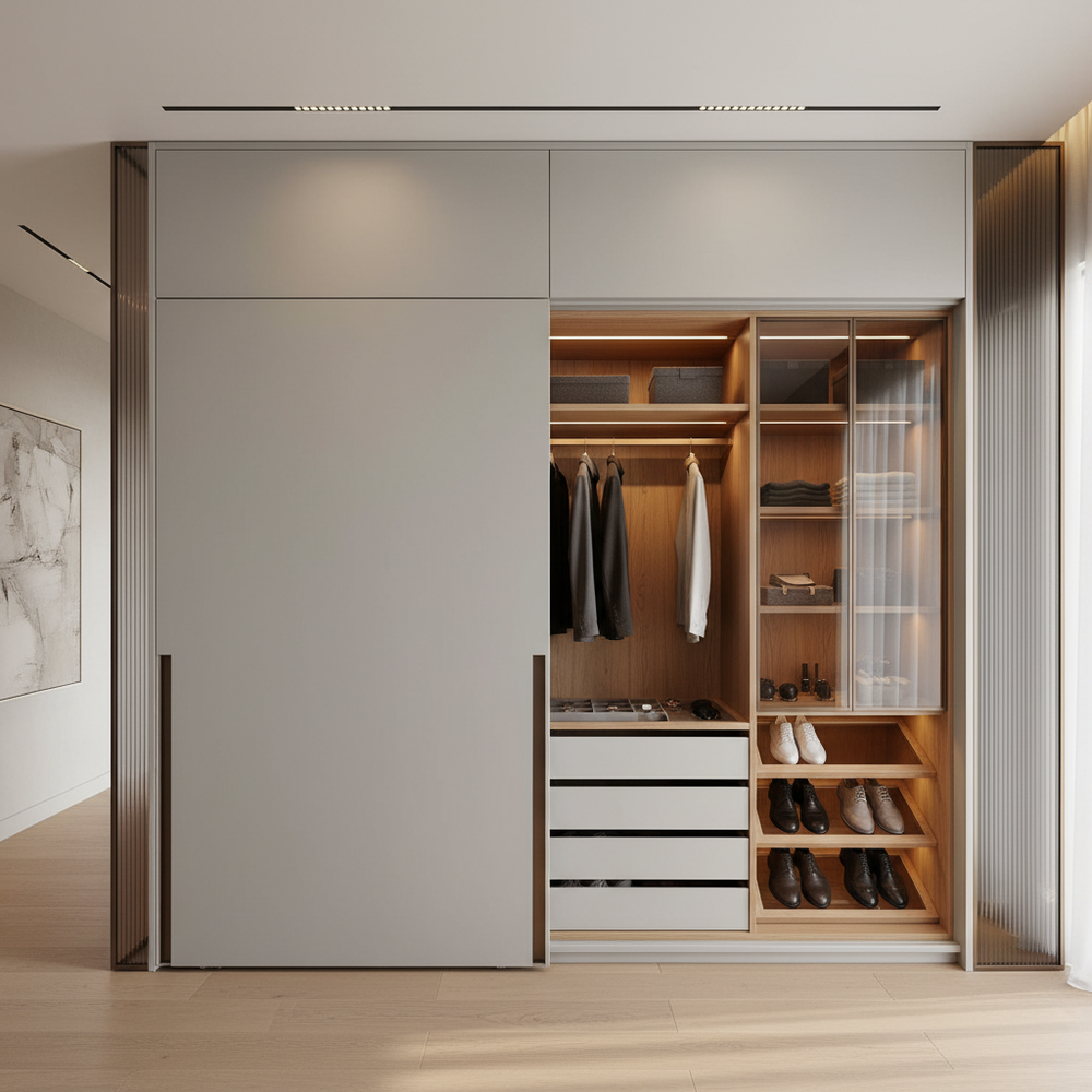 Modern Light Grey 2-Door Sliding Wardrobe with Loft