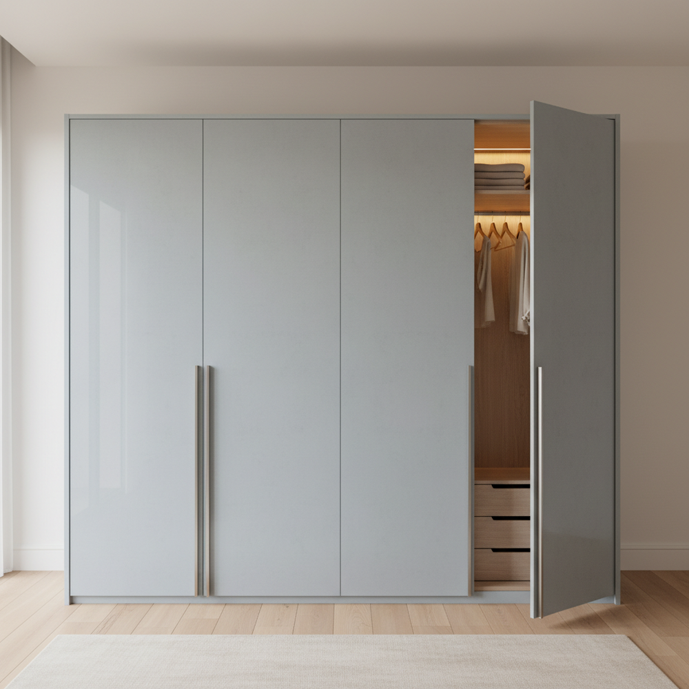 Modern Light Grey-Blue Swing Door Wardrobe with Suede Finish