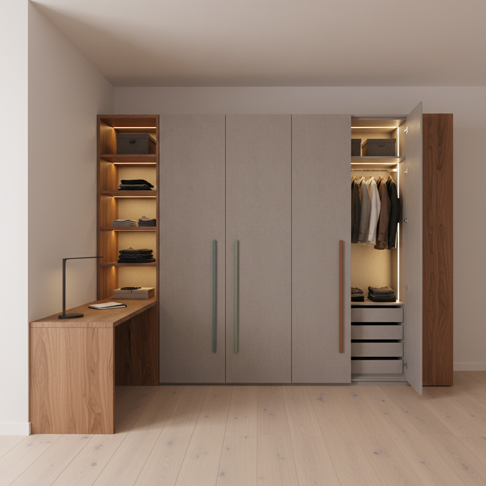 Modern Light Grey & Wood 3-Door Swing Wardrobe with Study Table
