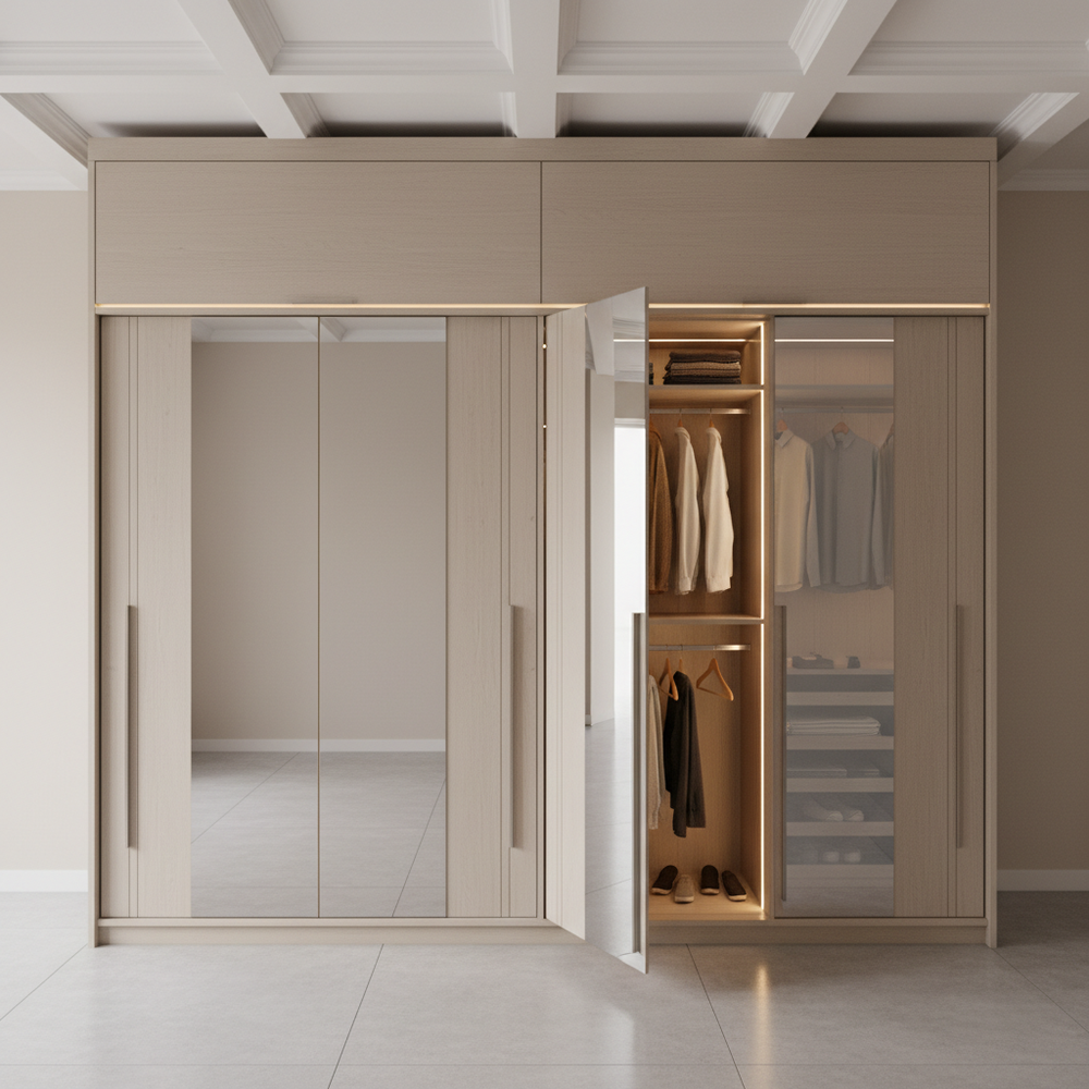 Modern Light Wood 4-Door Mirror Swing Wardrobe