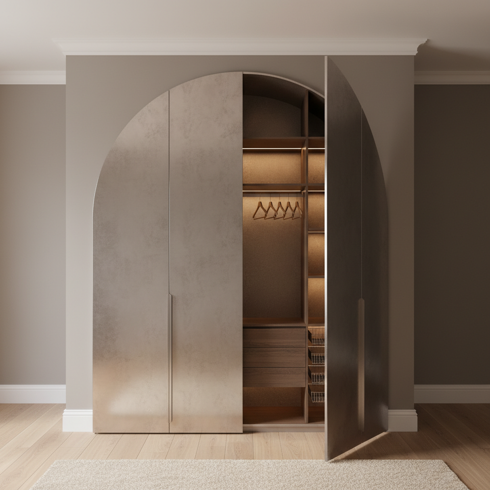 Modern Metallic Arched Swing Wardrobe Design