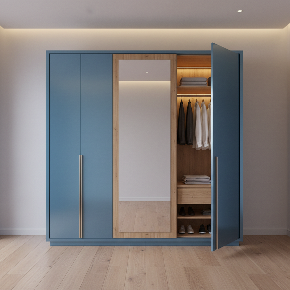 Modern Metallic Blue 3-Door Swing Wardrobe with Mirror