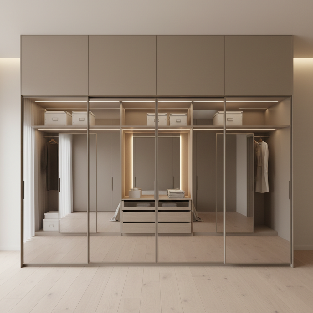 Modern Mirrored 4-Door Sliding Wardrobe Design
