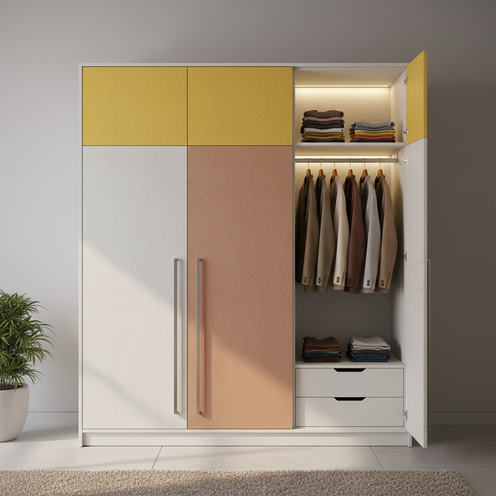 Modern Multi-Colored 3-Door Swing Wardrobe with Yellow Accent