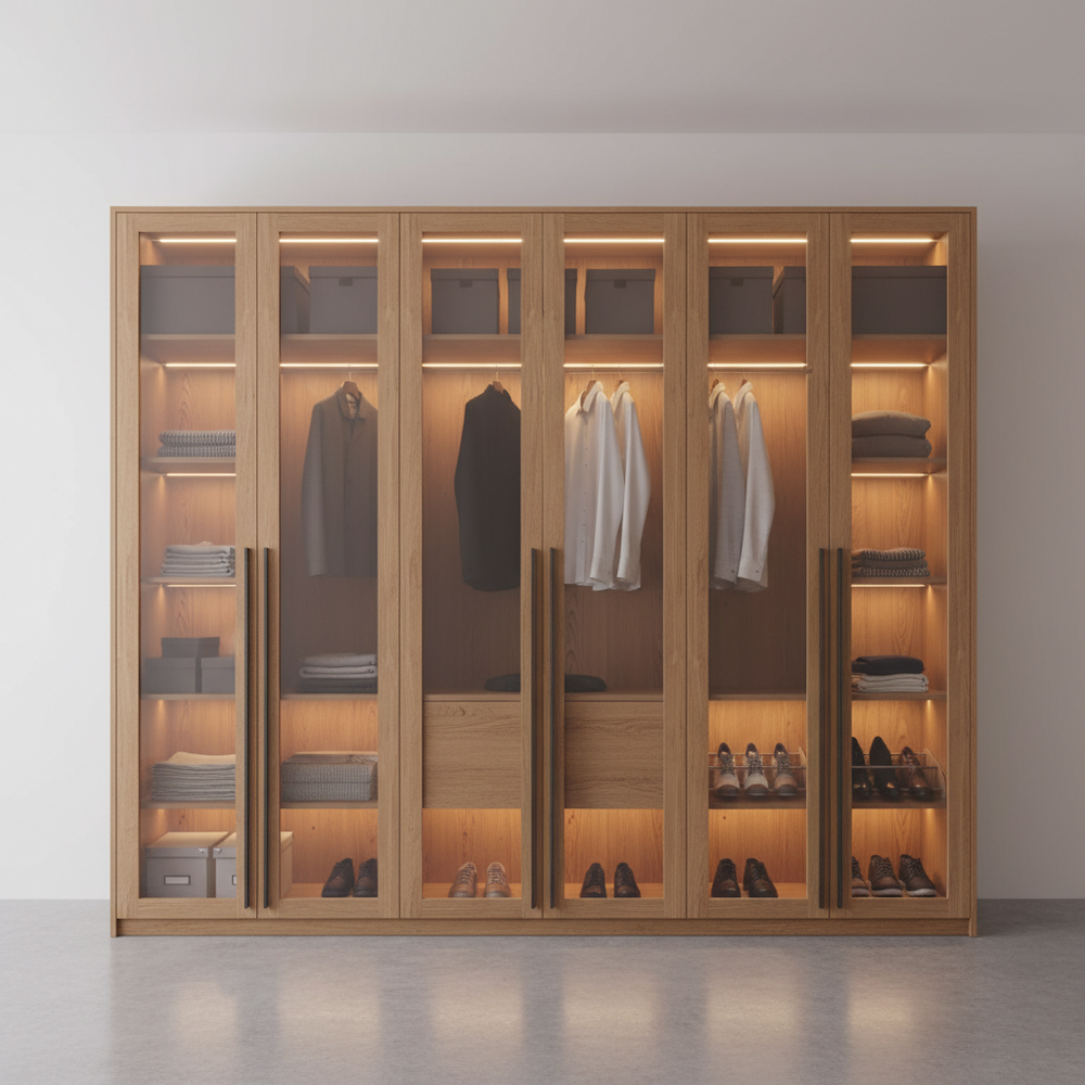 Modern Oak Wood Swing Wardrobe with Glass