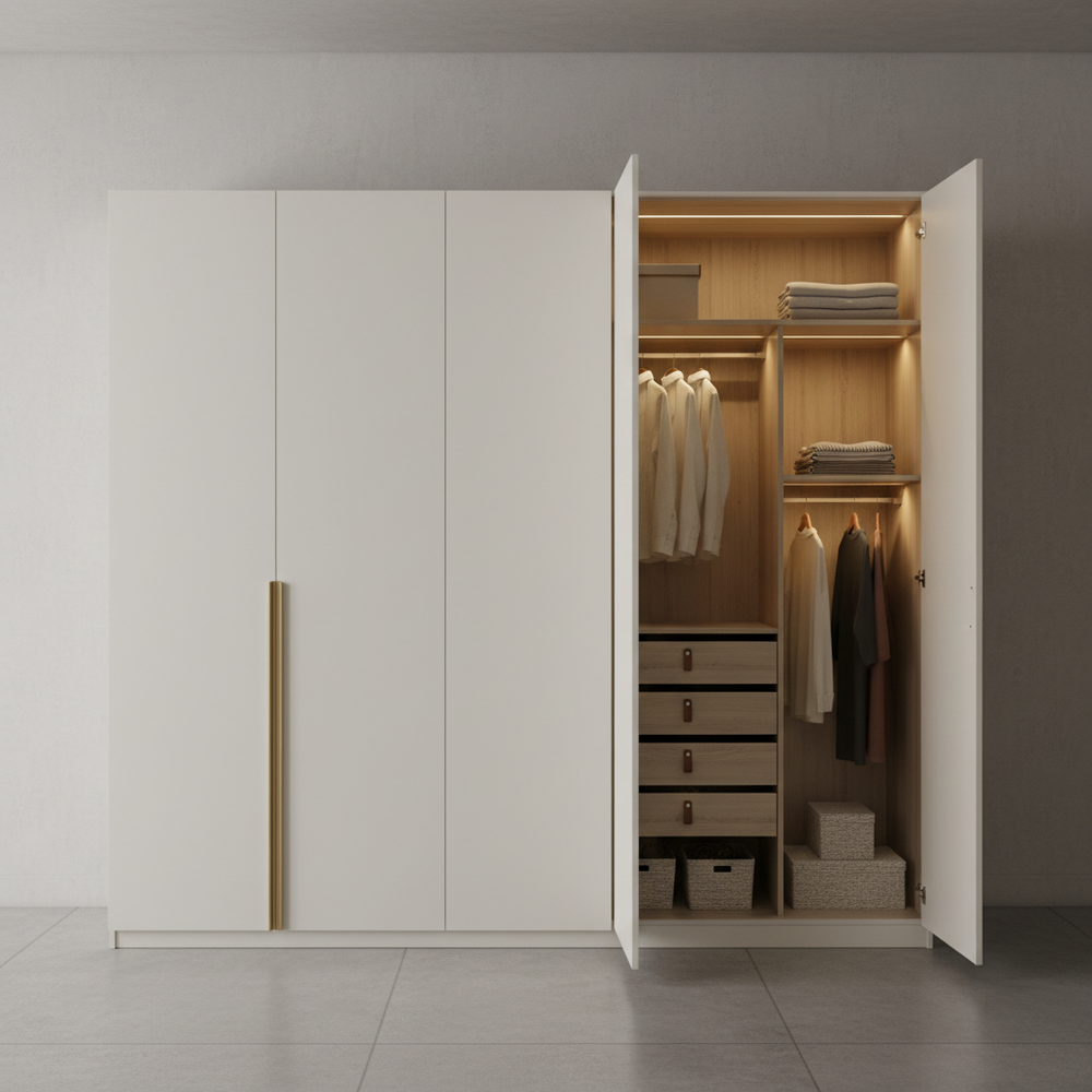 Modern Off-White 4-Door Hinged Wardrobe Design
