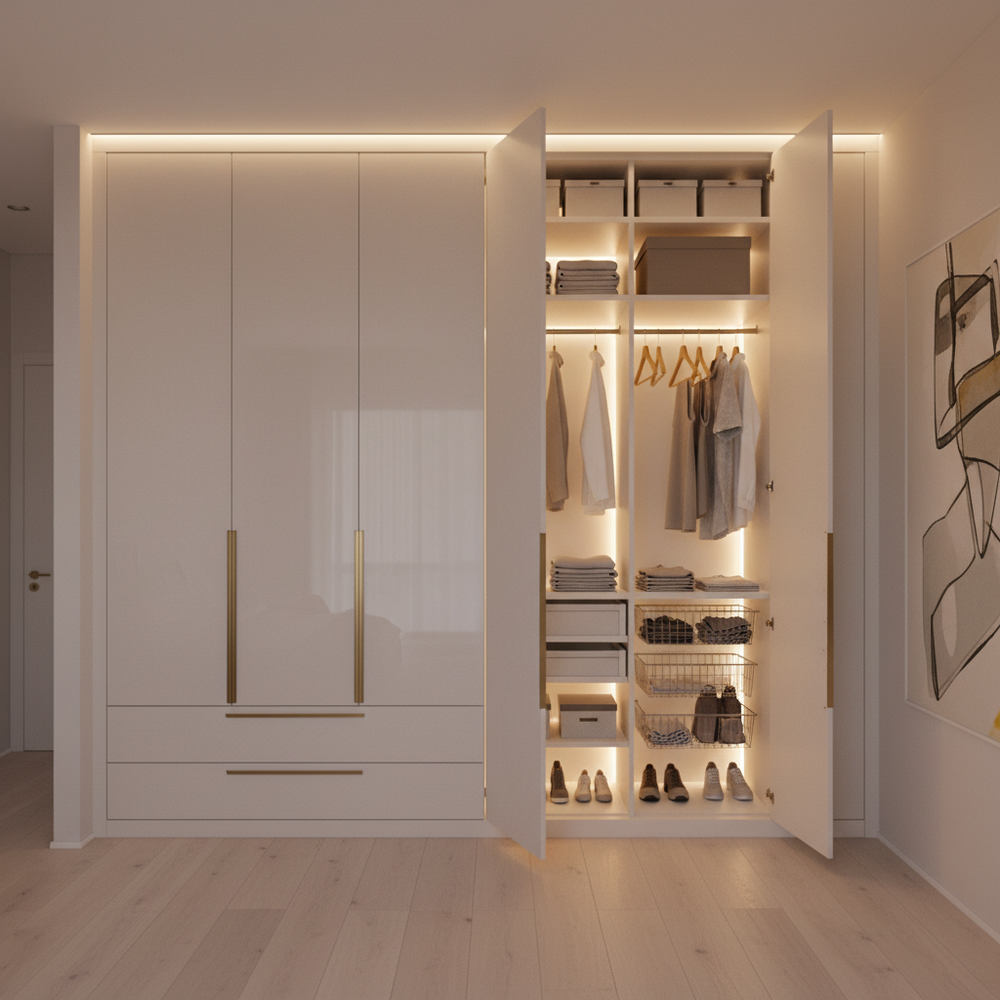Modern Off-White 4-Door Hinged Wardrobe with Drawers
