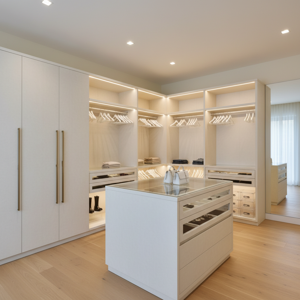 Modern Off-White L-Shaped Open Walk-In Wardrobe Design