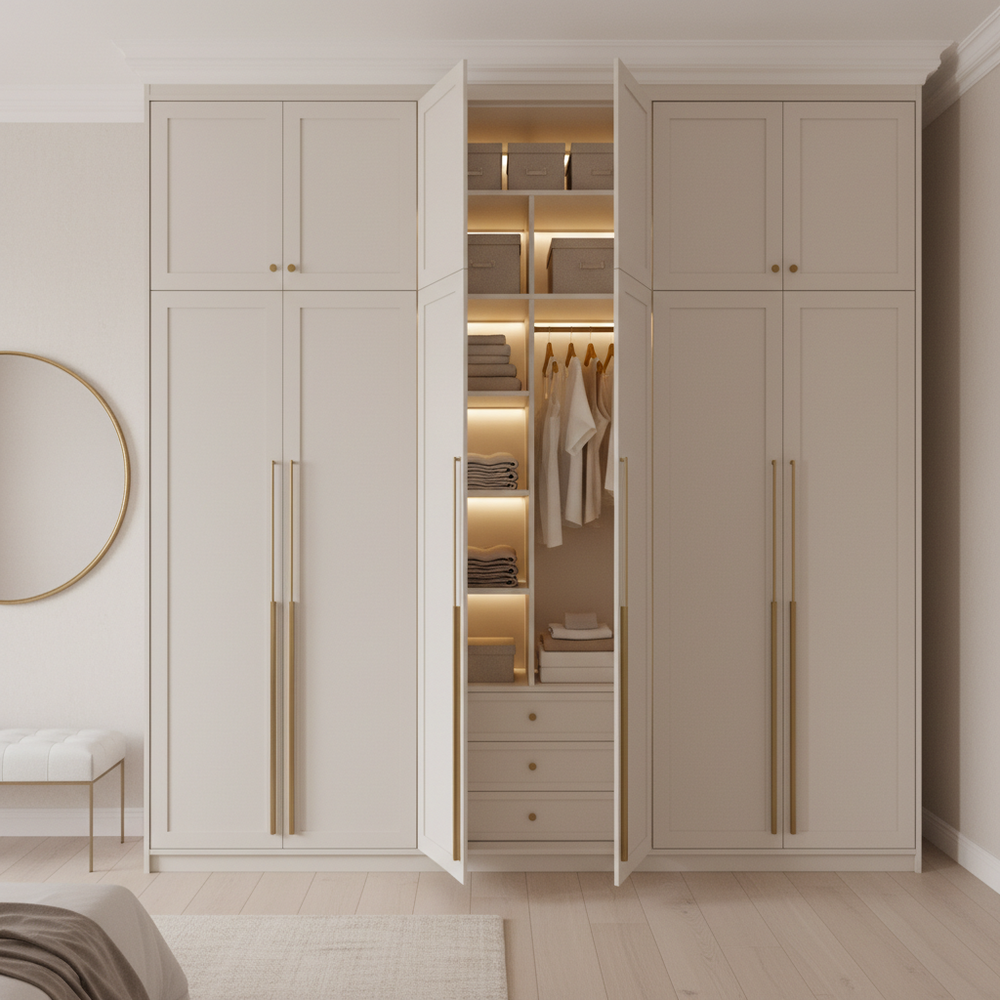 Modern Off White Swing Door Wardrobe with Brass Accents