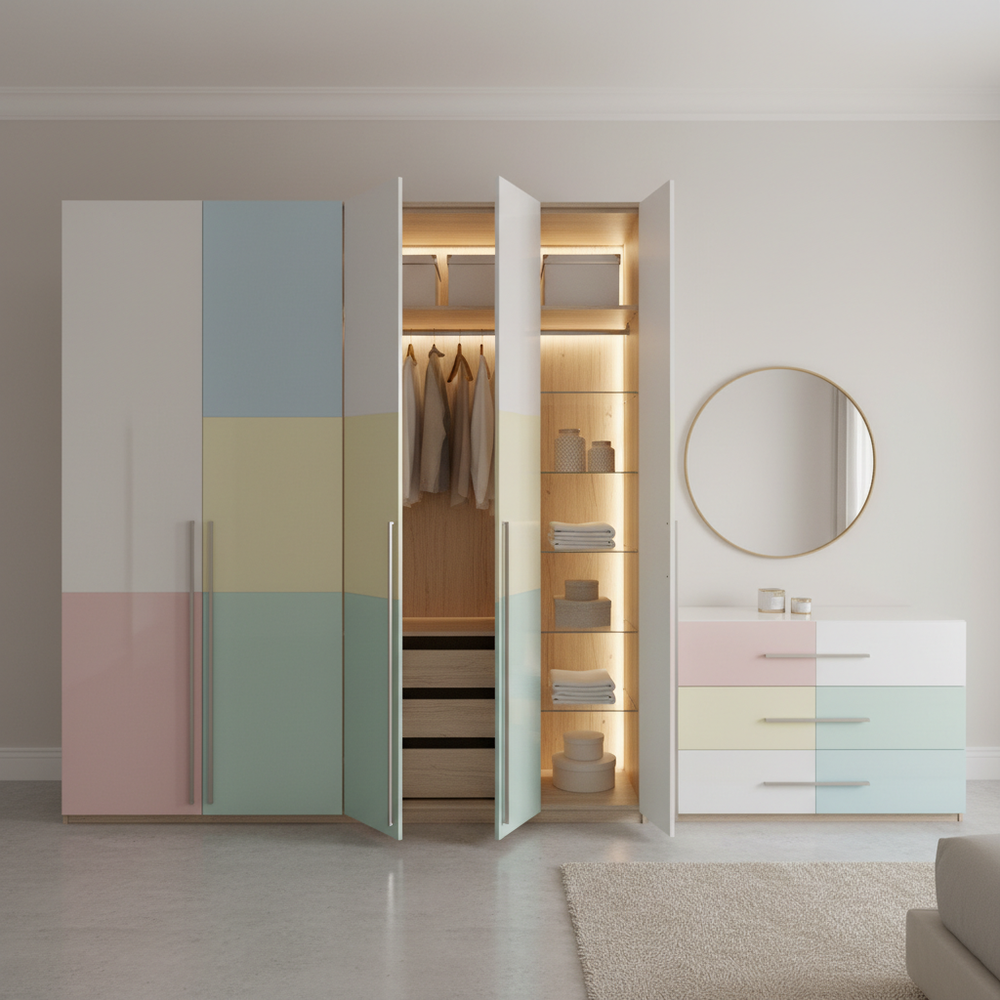 Modern Pastel Multicoloured 4-Door Swing Wardrobe Design With Dresser