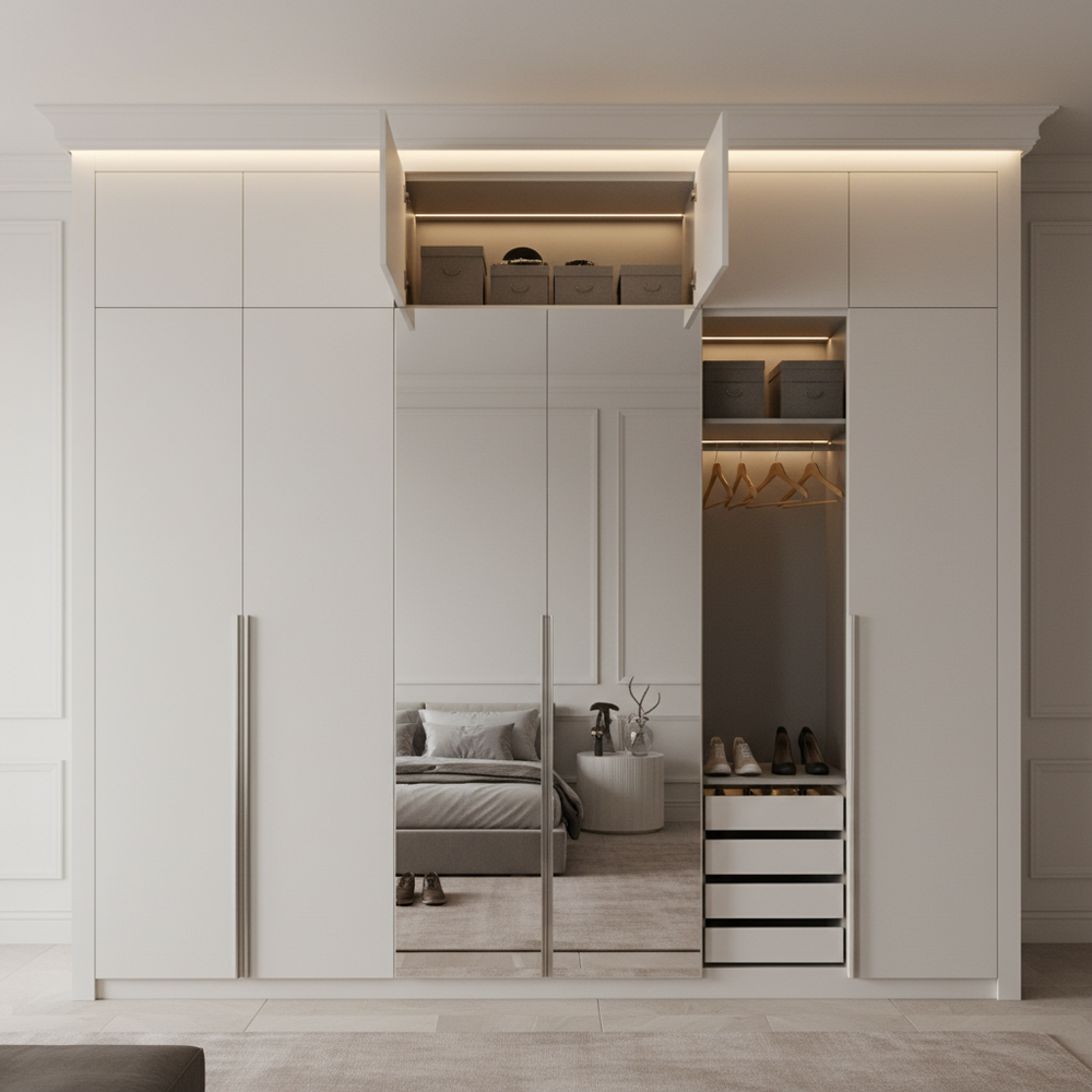 Modern Pearl White 6-Door Swing Wardrobe with Mirror