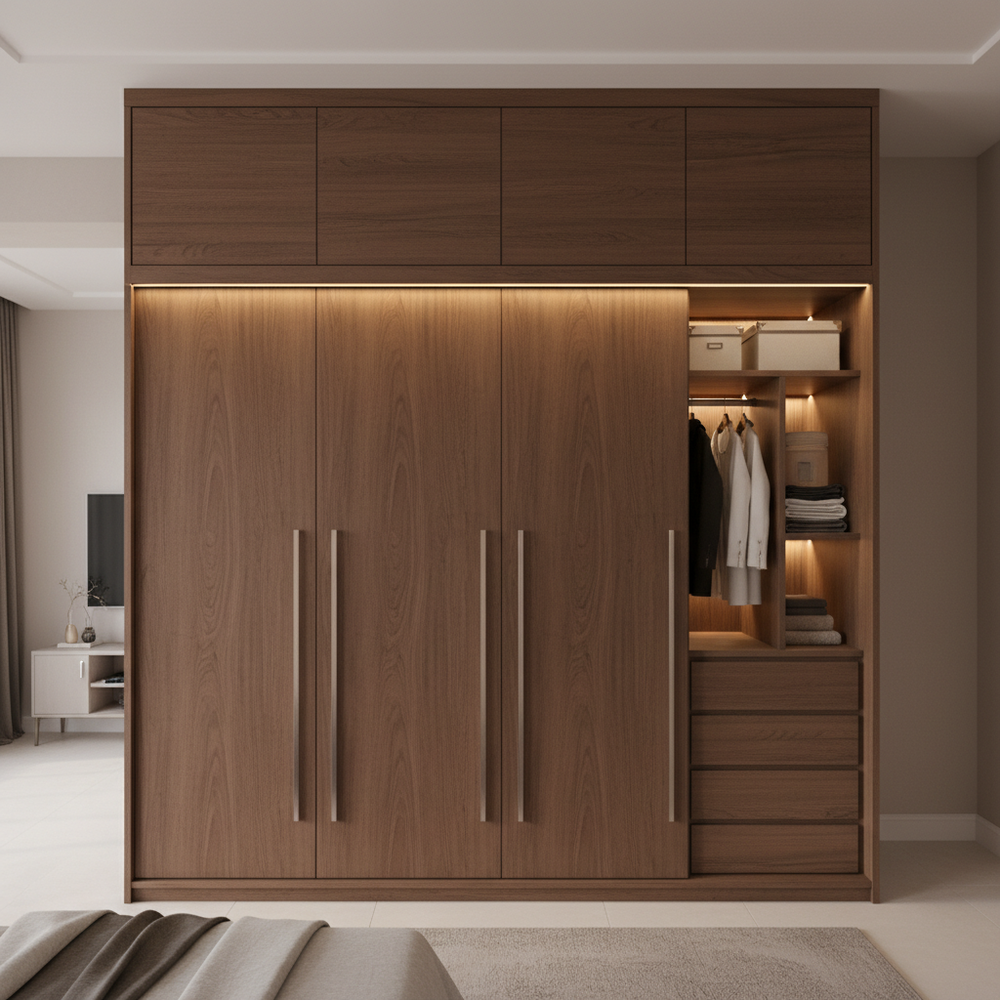 Modern Persian Walnut 4-Door Swing Wardrobe with Loft