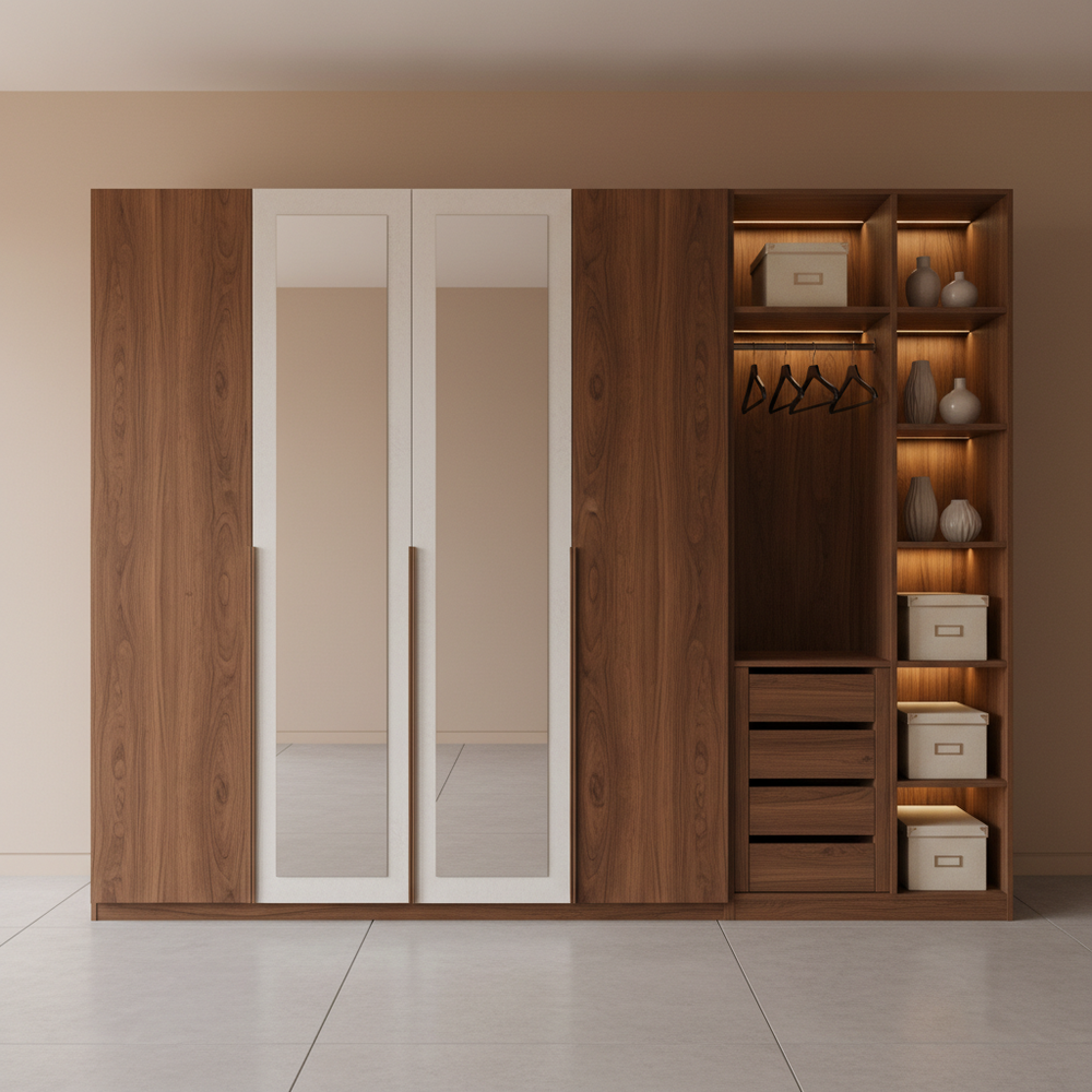 Modern Persian Walnut 4-Door Swing Wardrobe with Mirrors