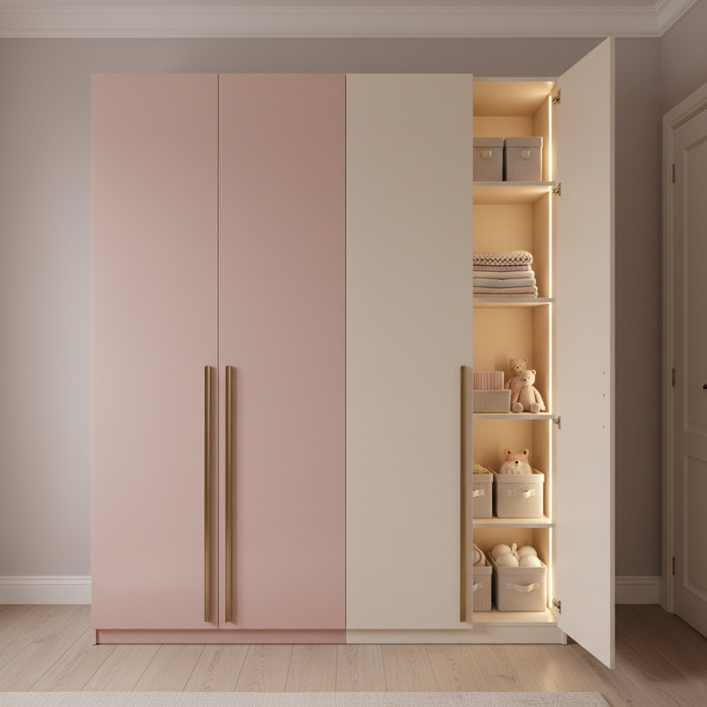 Modern Pink & Off-White Swing 2-Door Wardrobe in Suede