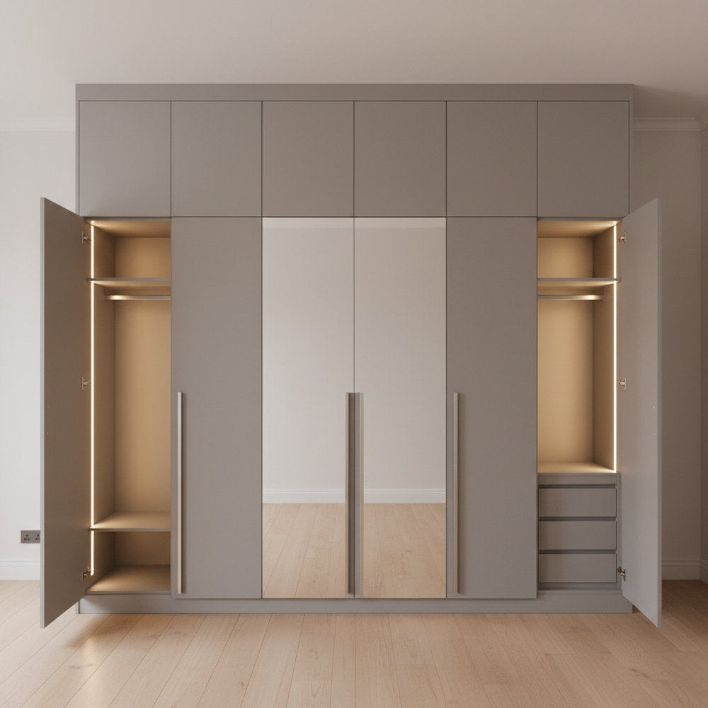 Modern Pumic Grey 5-Door Swing Wardrobe with Mirror & Loft