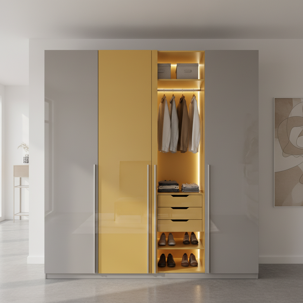 Modern River Stone & Yellow 4-Door Swing Wardrobe