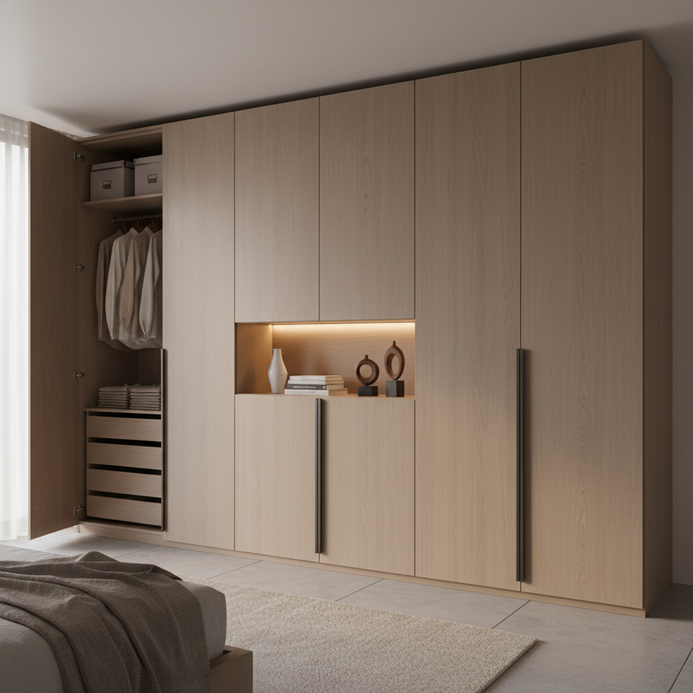 Modern Samoa Teak 4-Door Hinged Wardrobe with Display Niche