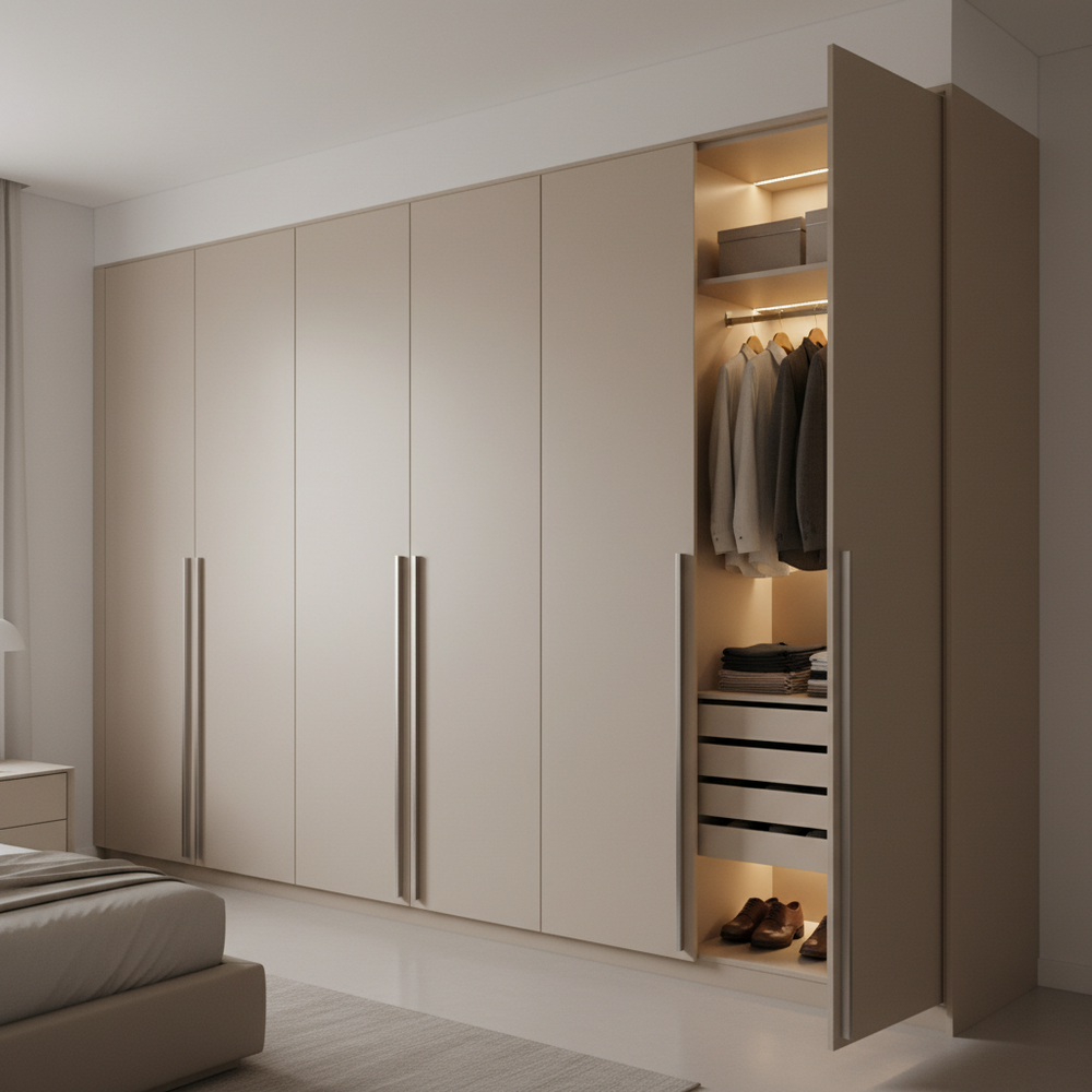 Modern Sand Satin 9-Door Hinged Wardrobe
