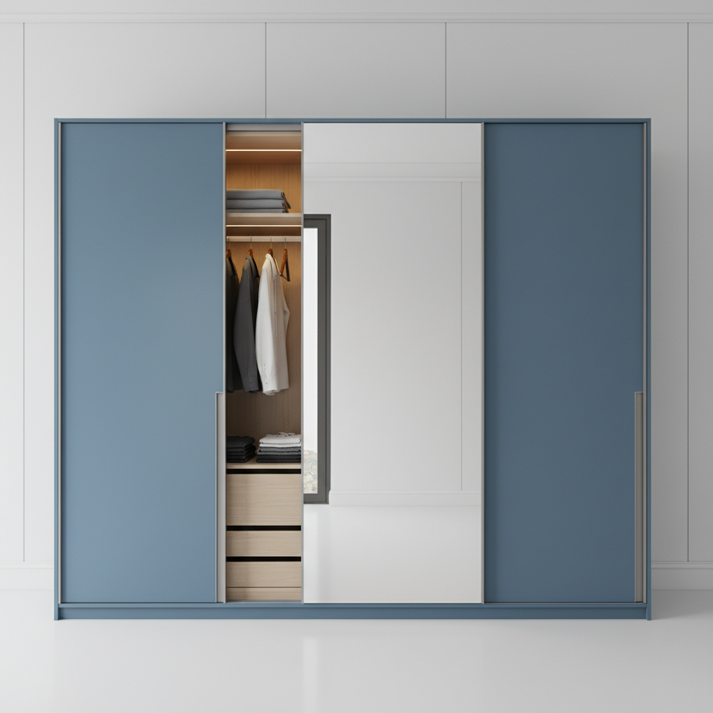 Modern Shore Blue Sliding Wardrobe with Mirror Design