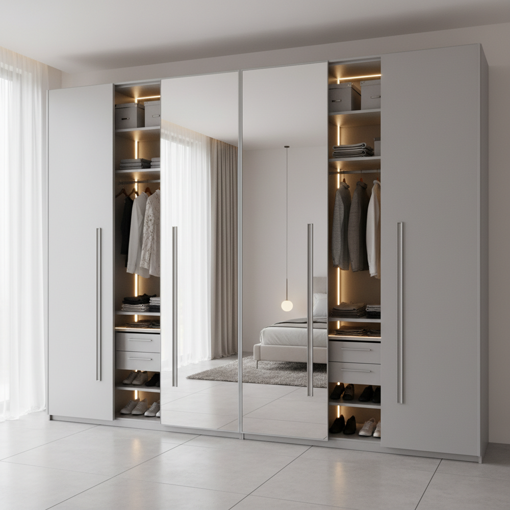 Modern Silver 4-Door Hinged Wardrobe with Mirror