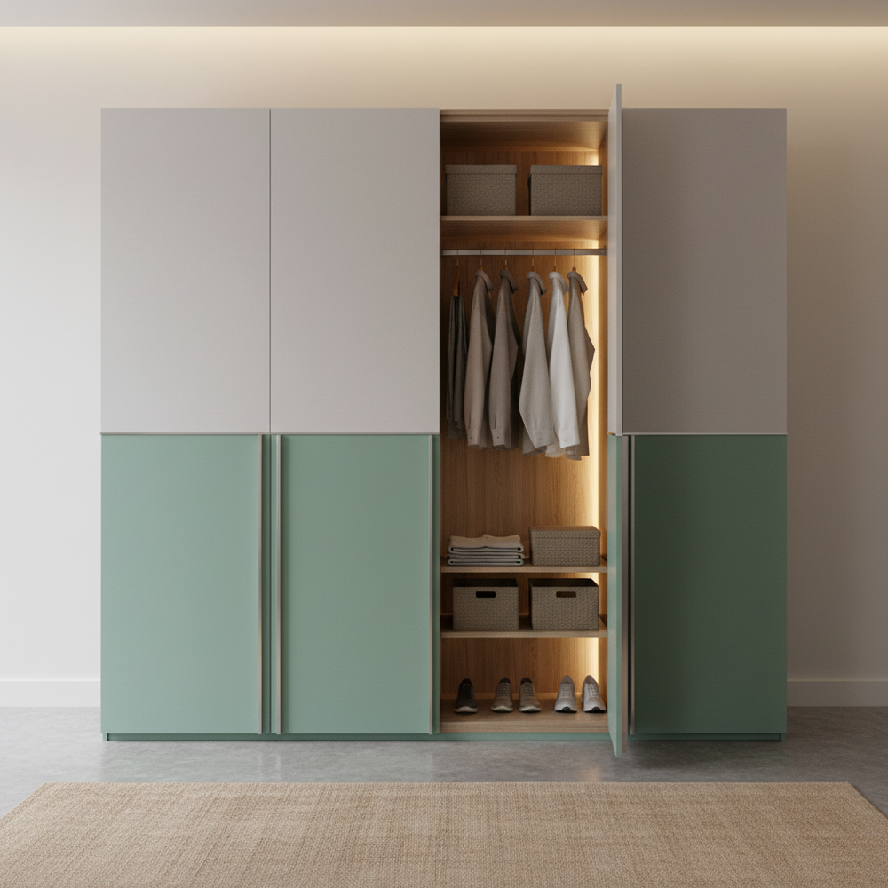 Modern Silver & Aqua 4-Door Swing Wardrobe Design