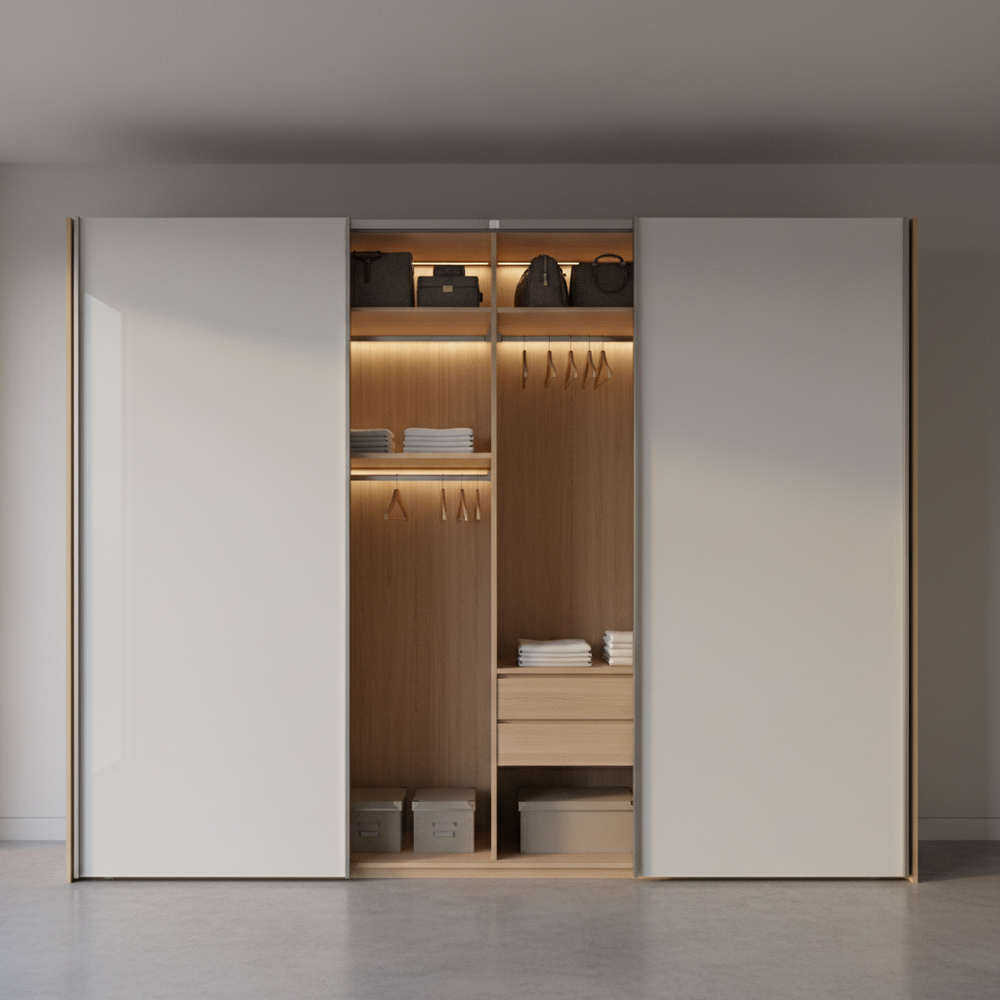 Modern Sliding Door Wardrobe Design In White And Wood For Bedrooms