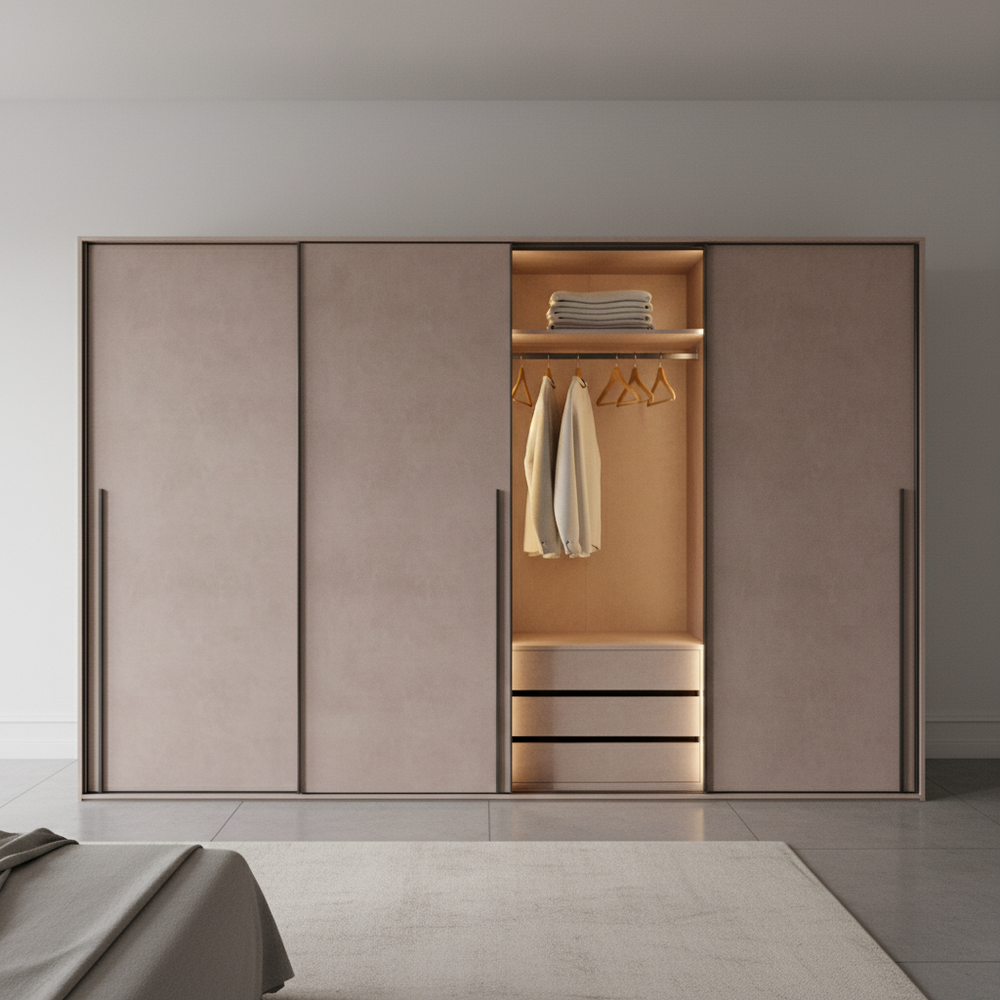 Modern Sliding Wardrobe Design in Rose Granium Suede Finish