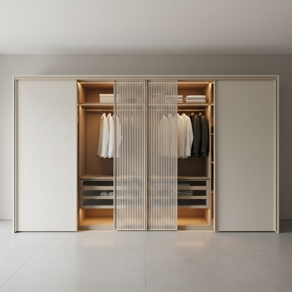 Modern Sliding Wardrobe Design with Duco Finish and Louvered Panels