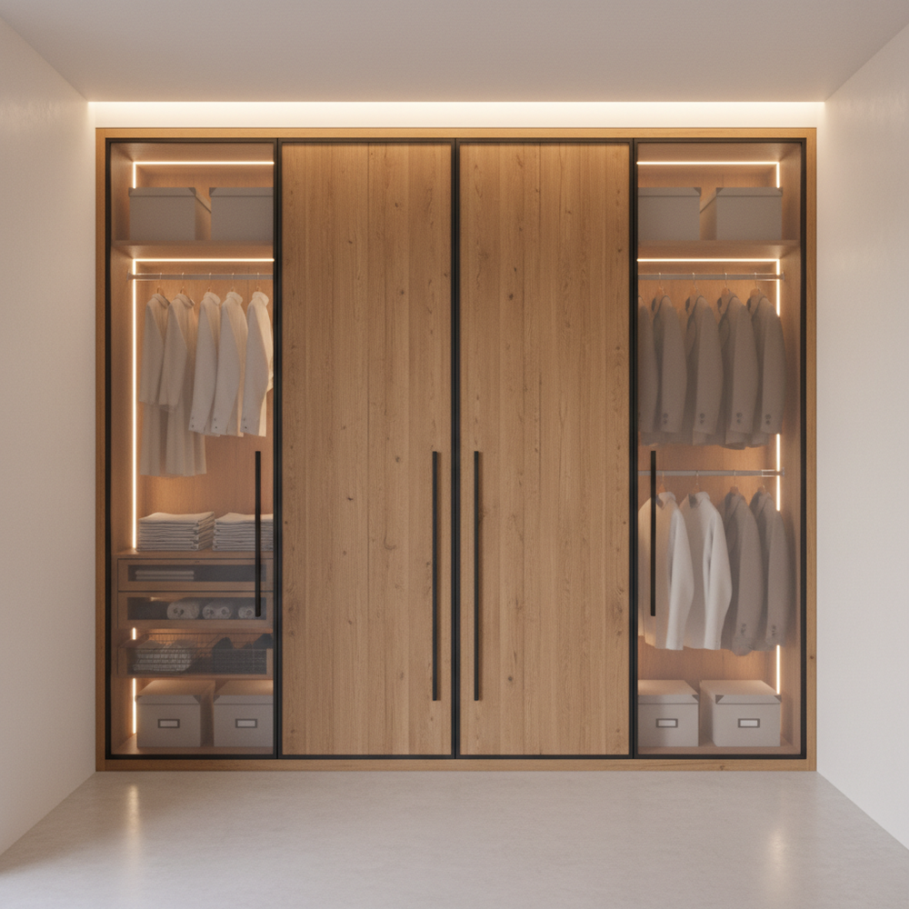 Modern Sliding Wardrobe Design with Frosted Glass Panels and Wood Finish