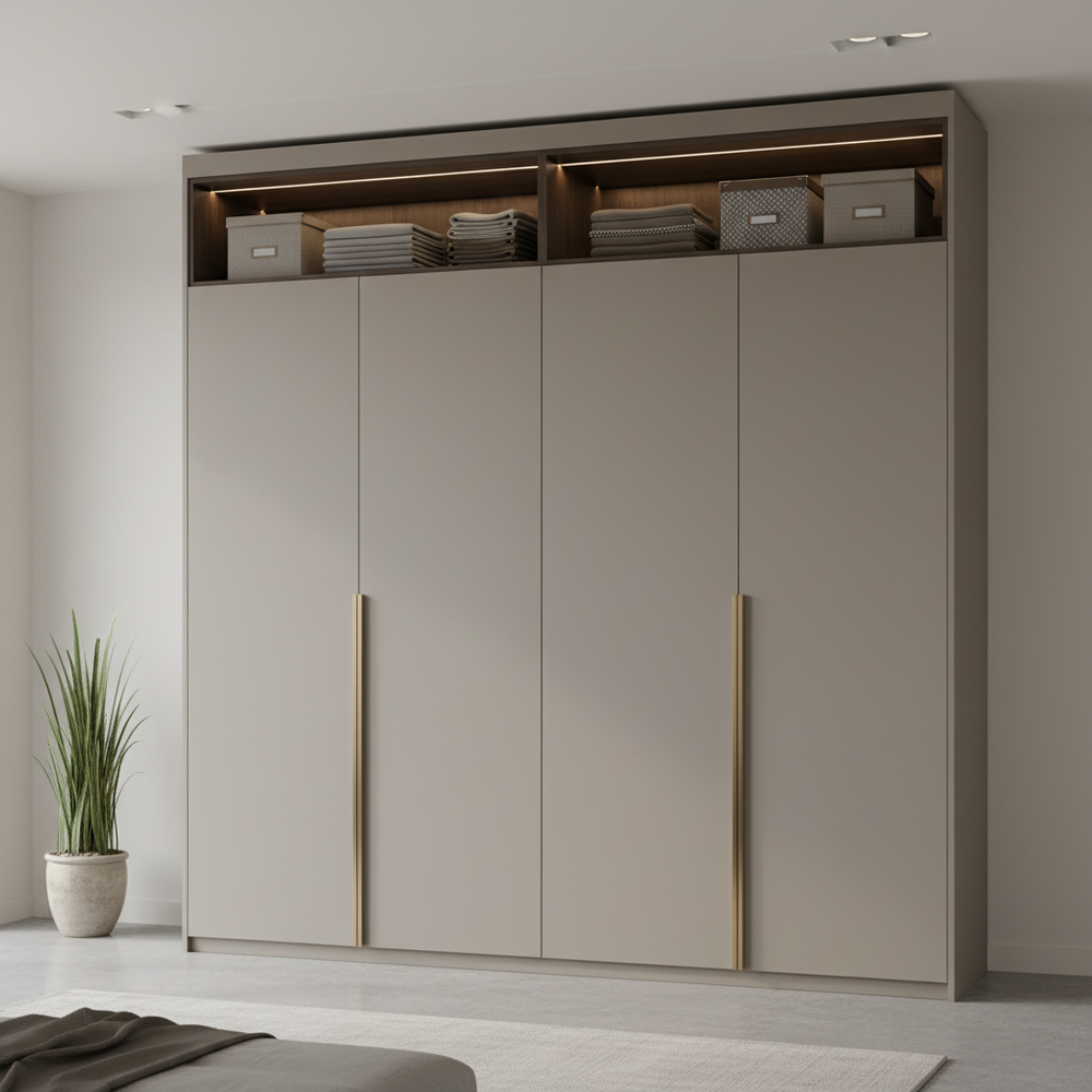 Modern Taupe 4-Door Swing Wardrobe with Loft Storage