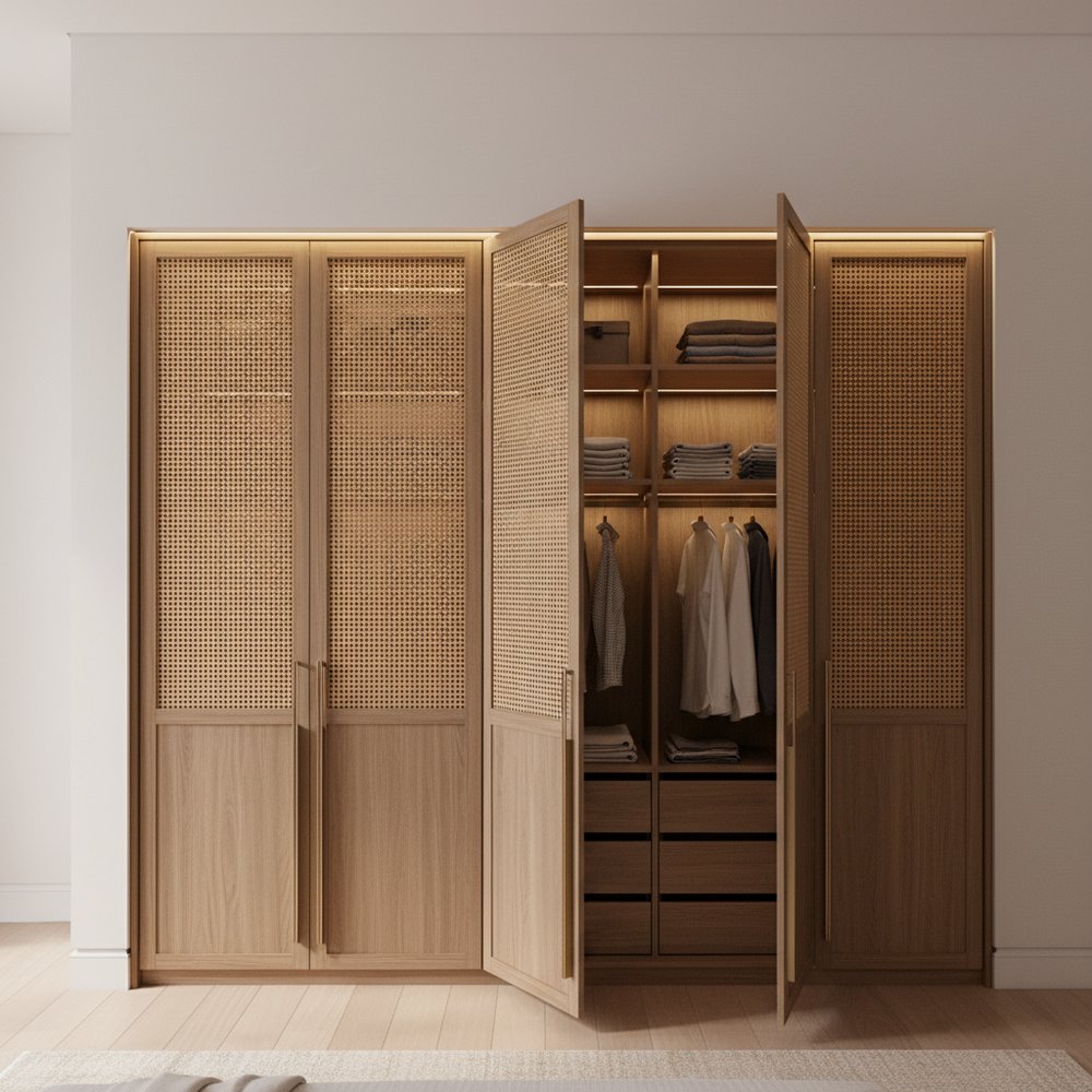 Modern Teak 4-Door Swing Wardrobe with Cane Detail
