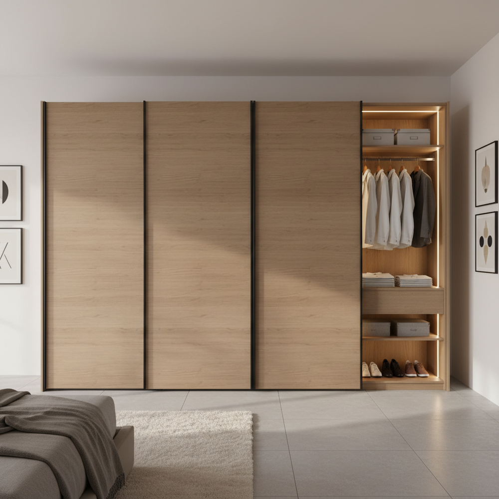 Modern Teak Finish Sliding Door Wardrobe