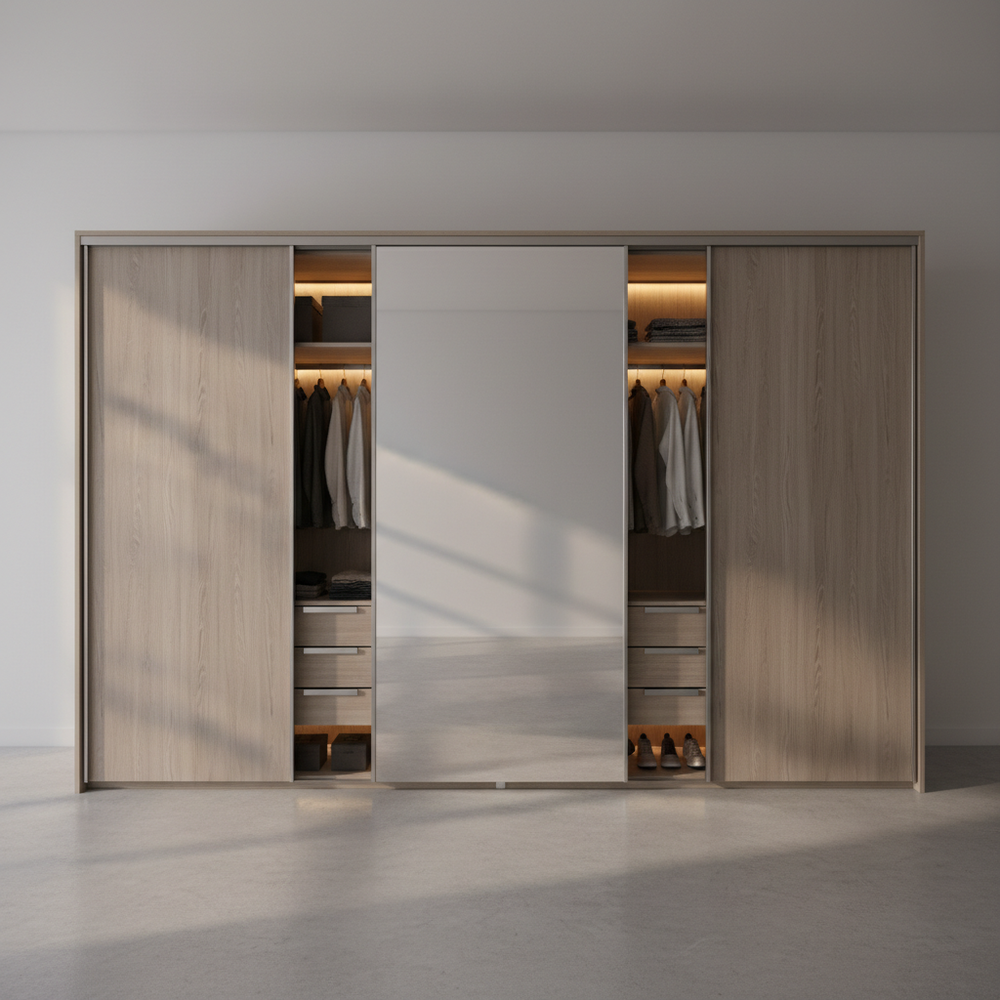 Modern Teak Finish Sliding Door Wardrobe with Mirrors