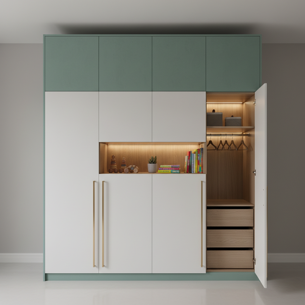 Modern Teal & White Swing Door Wardrobe Design