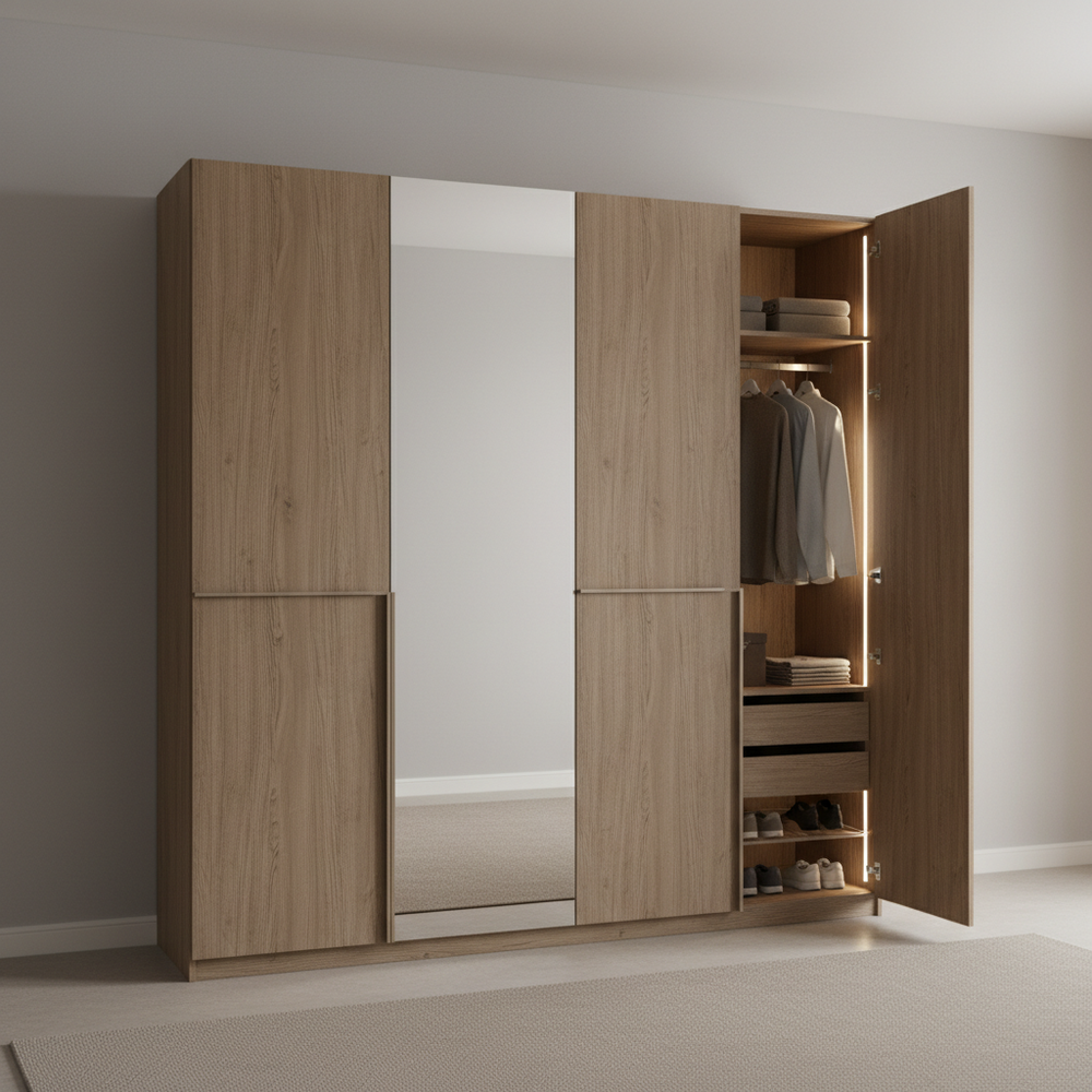 Modern Textured Brown Swing 4-Door Wardrobe with Mirror
