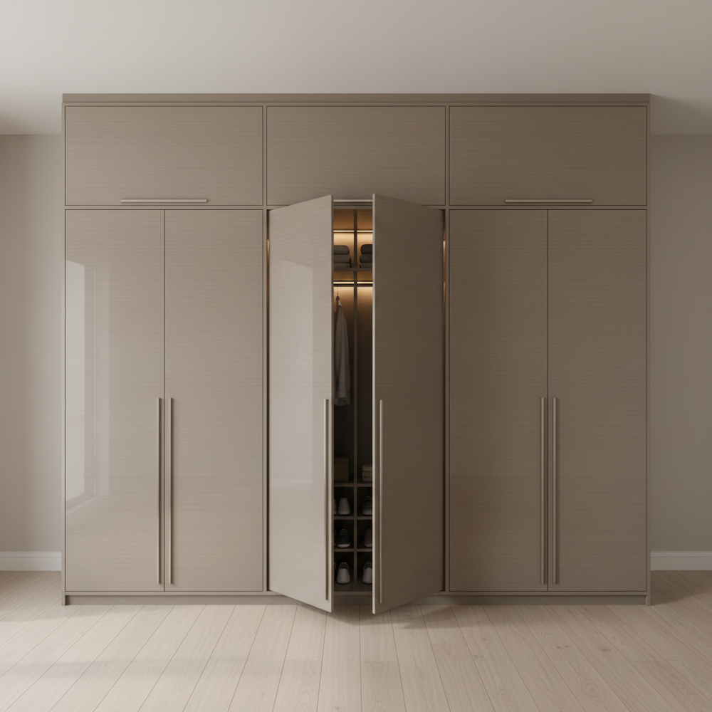 Modern Walnut 6-Door Hinged Swing Wardrobe Design