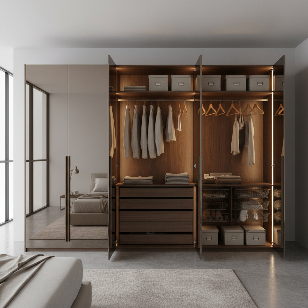 Modern Walnut Bronze 5-Door Swing Wardrobe