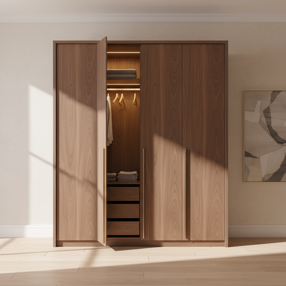 Modern Walnut Finish 4-Door Hinged Wardrobe Design