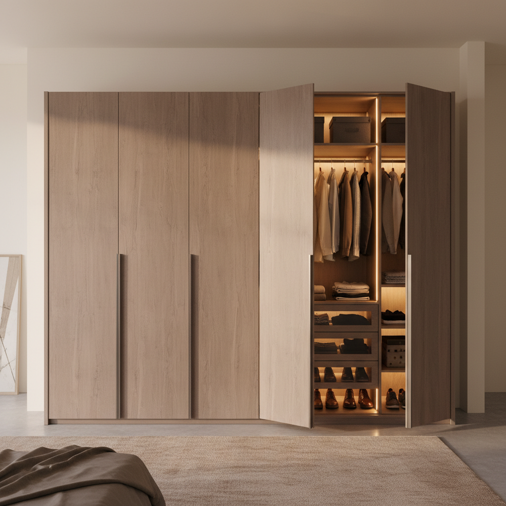 Modern Walnut Finish 6-Door Swing Wardrobe Design