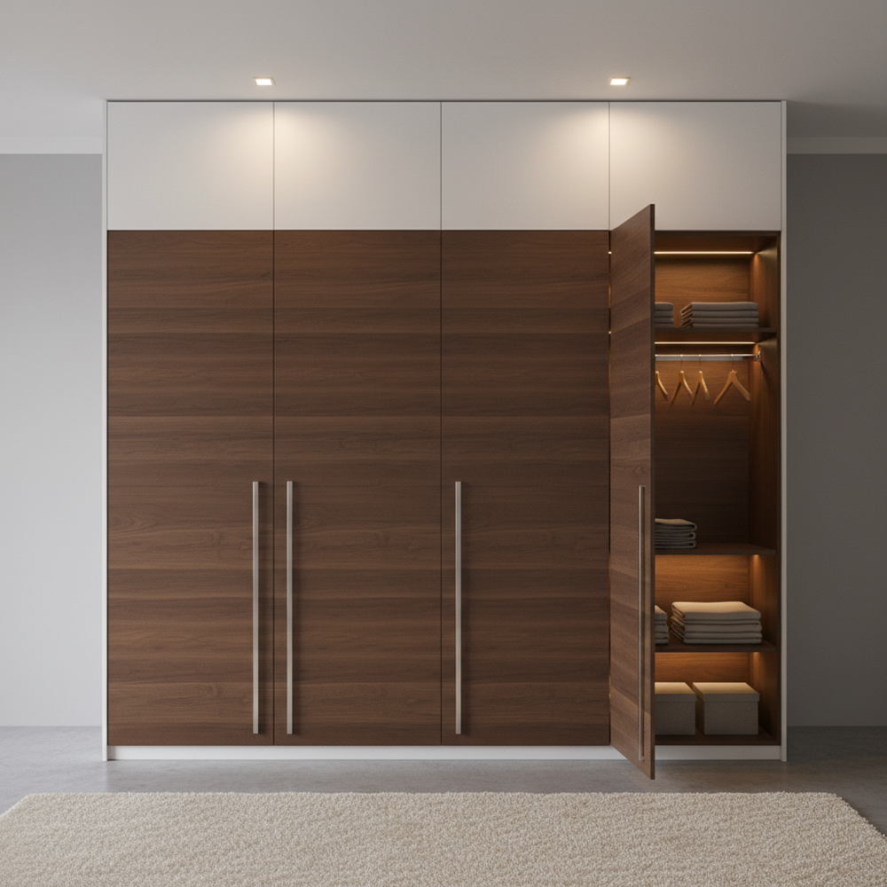 Modern Walnut & White 4-Door Swing Wardrobe