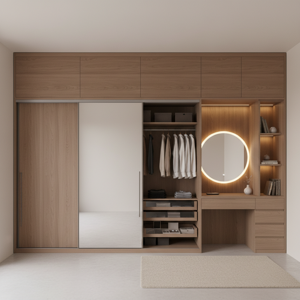 Modern Walnut Wooden Sliding Wardrobe with Mirror & Dressing Unit
