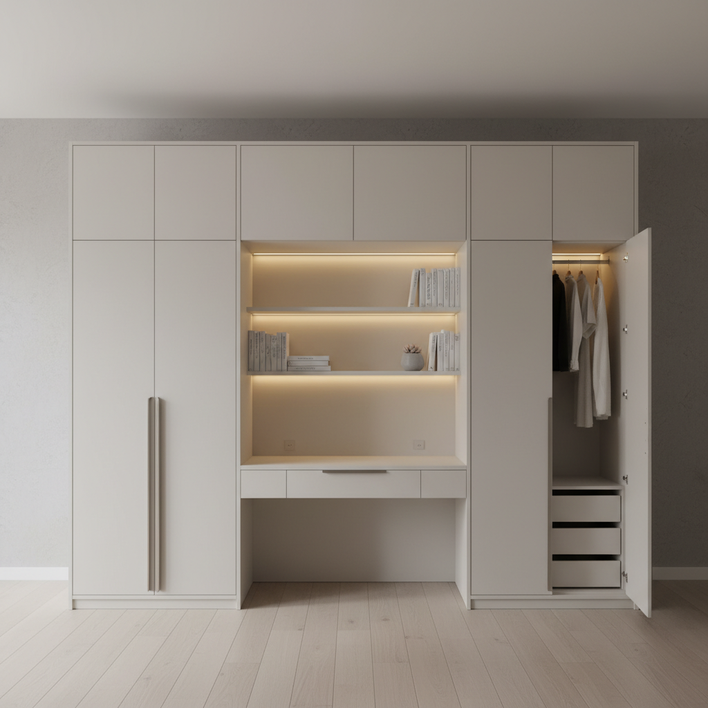 Modern White 2-Door Hinged Wardrobe with Study Table