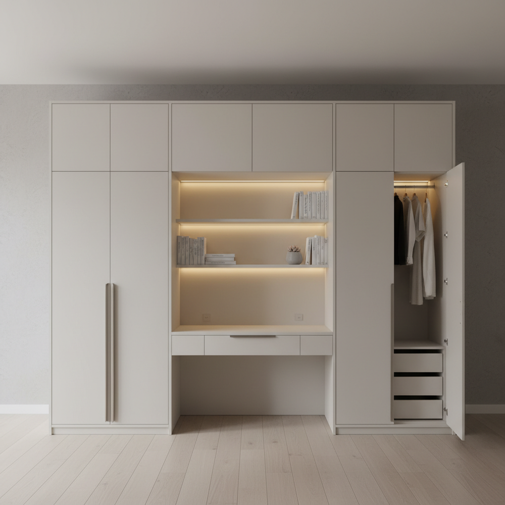 Modern White 2-Door Hinged Wardrobe with Study Table