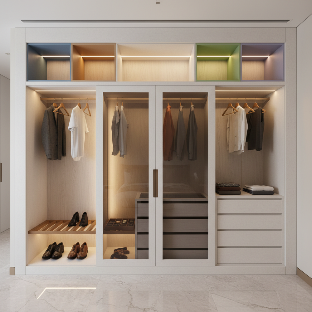 Modern White 2-Door Swing Wardrobe with Glass Shutters