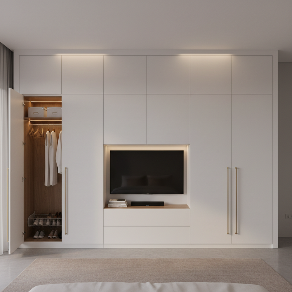 Modern White 4-Door Swing Wardrobe with TV Unit